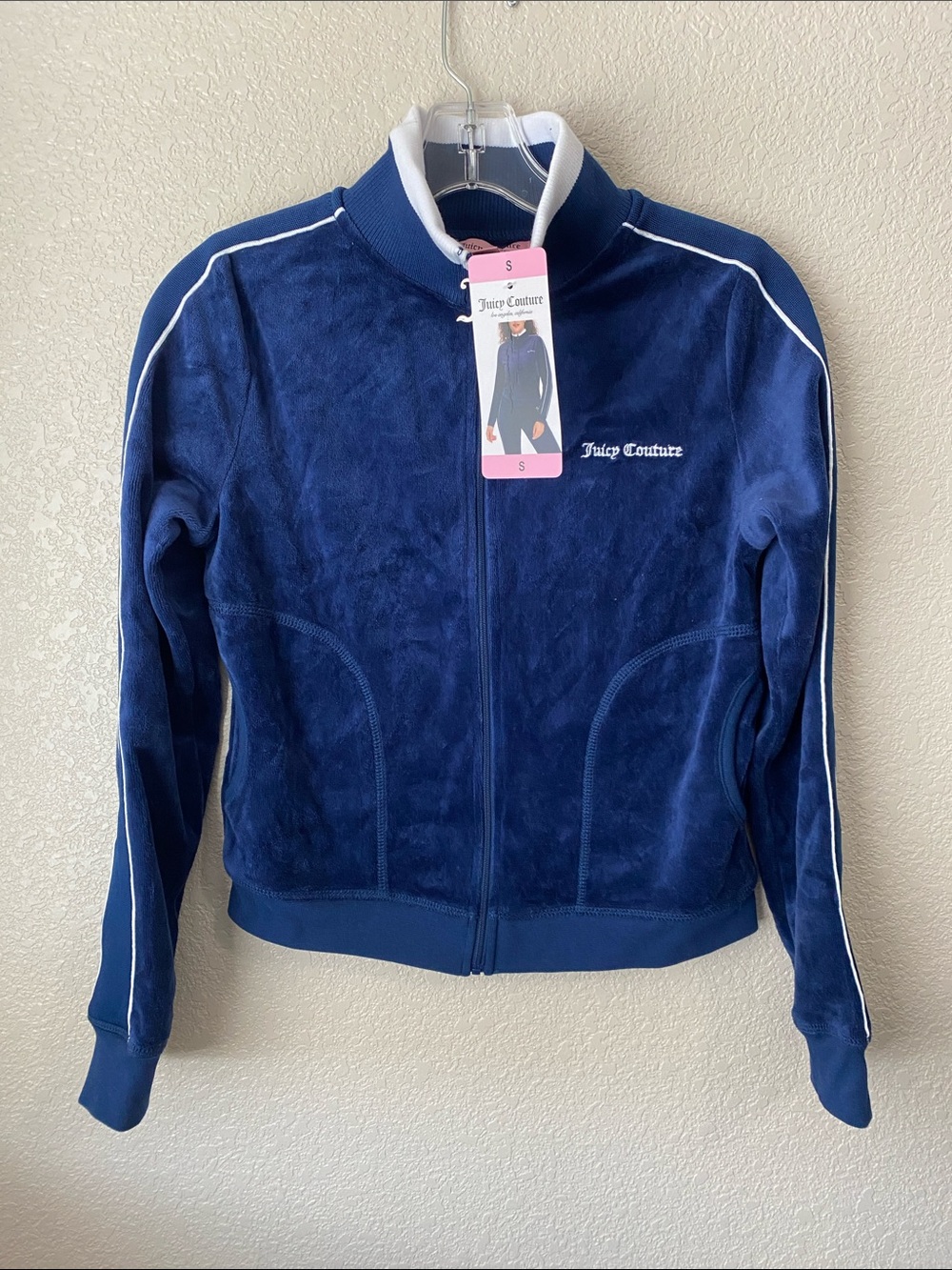 Juicy Couture Navy Blue Velour Bomber Jacket with White Piping Small